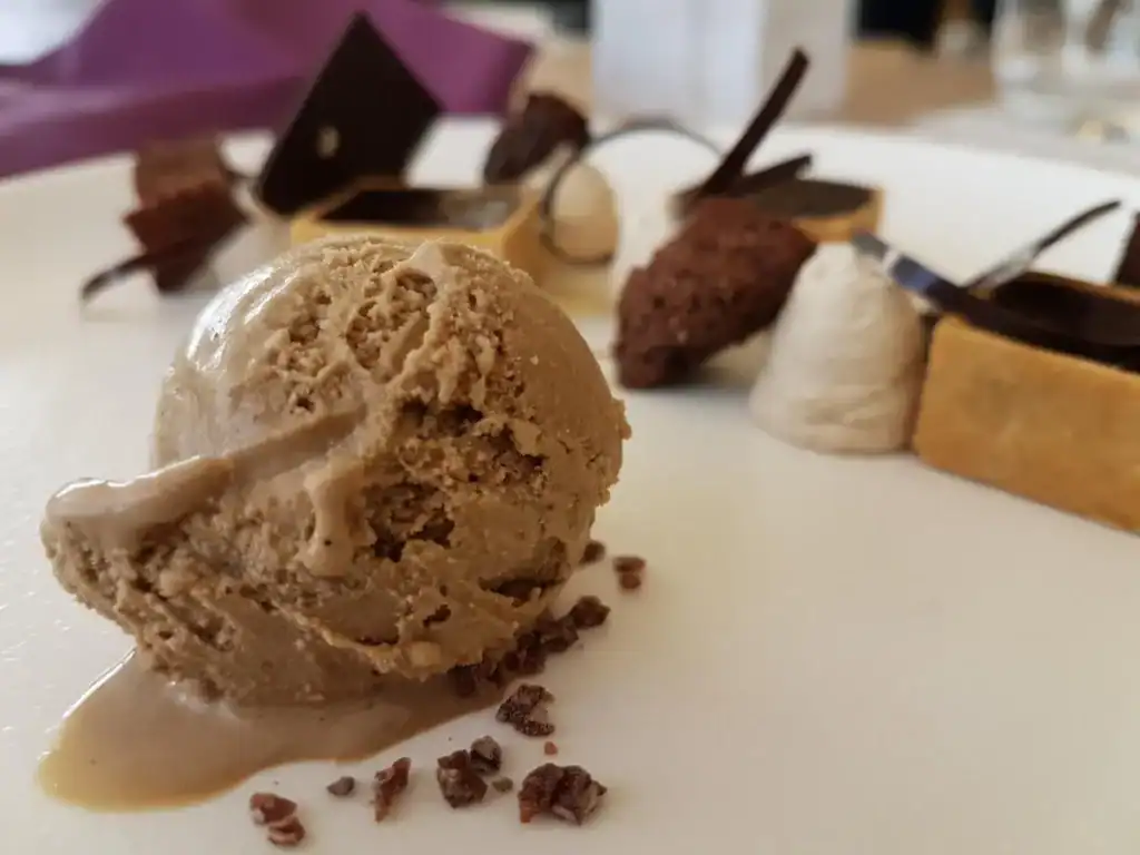 Keto Mocha Almond Fudge ice cream served with chocolate and whipped cream toppings.