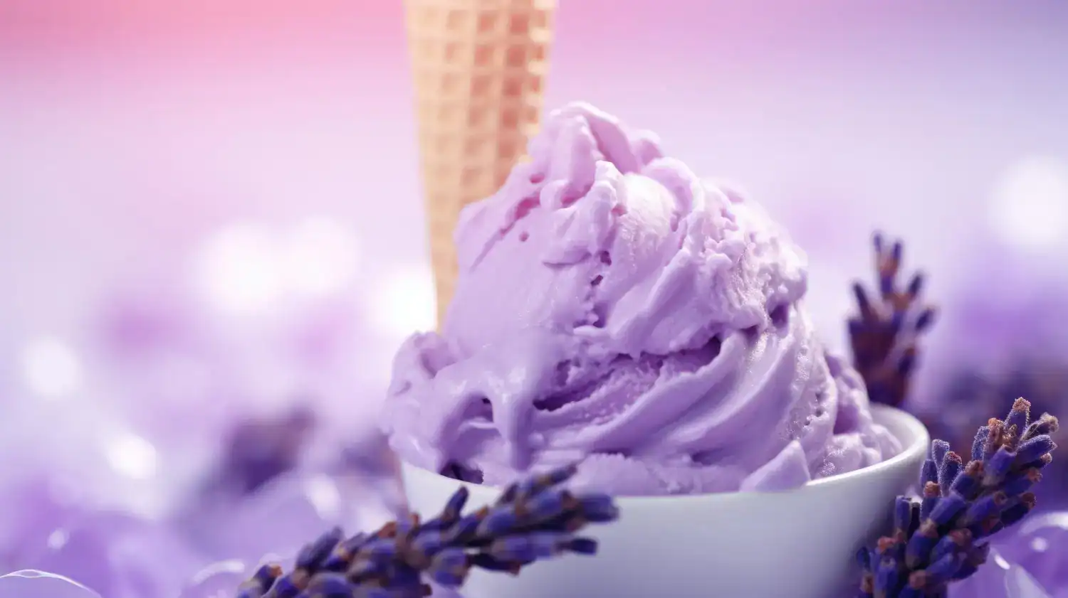 Lavender honey ice cream in a bowl with a waffle cone, surrounded by lavender flowers.