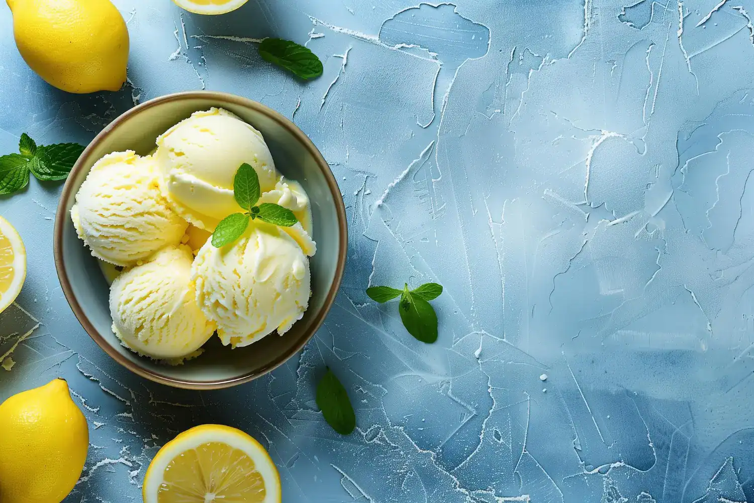 Delicious Lemon Basil Sorbet served in a bowl with fresh lemon slices and basil leaves. Perfect for.
