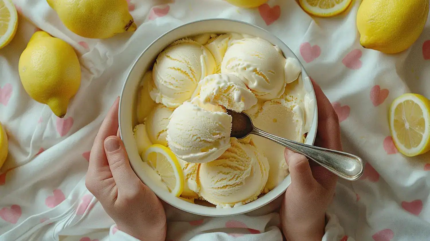 Delicious lemon meringue pie ice cream with creamy texture and fresh lemon slices.