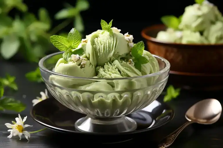 Delicious green matcha protein ice cream served in a glass bowl with mint garnish.