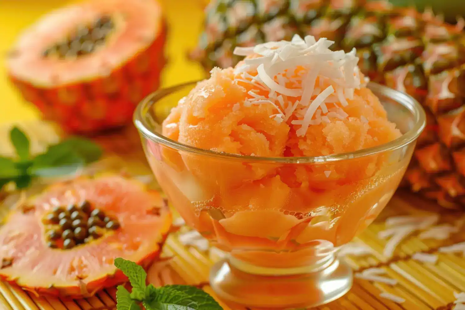 Refreshing papaya pineapple sorbet in a glass bowl, perfect for a low-calorie treat.