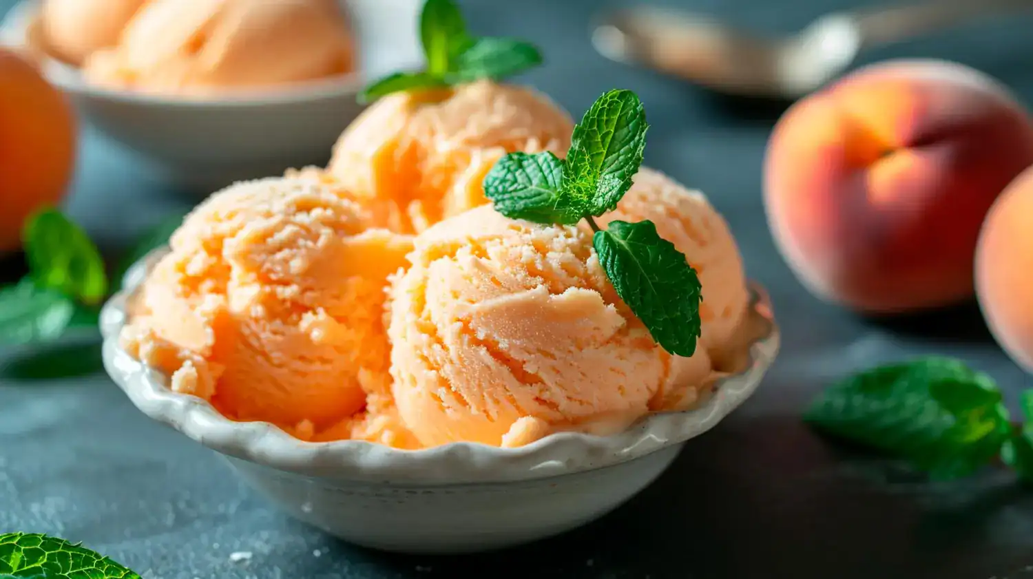 Delicious homemade peach sorbet served in a white bowl with fresh mint garnish.