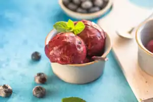 Delicious homemade pomegranate blueberry sorbet served in a small bowl.