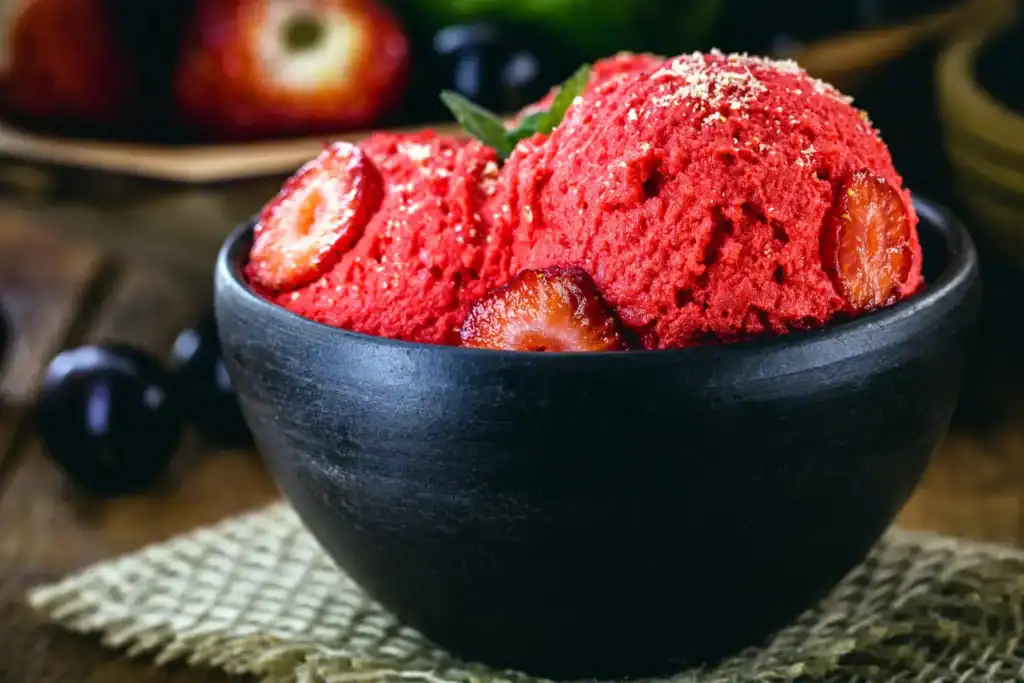 Delicious strawberry basil sorbet served in a black bowl, perfect for a refreshing treat.