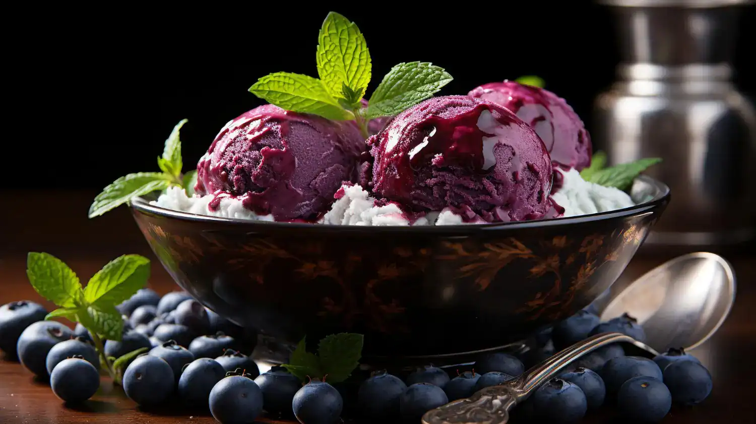 Delicious blueberry and lemon sorbet served in a black bowl with fresh mint leaves.