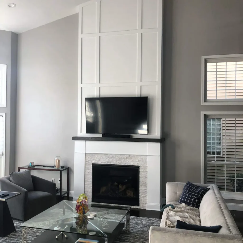 Custom Wall to Ceiling Fireplace Surround with Flat Panel Millwork Installed in Plainview Ny by Creatively Done Homes Improvements
