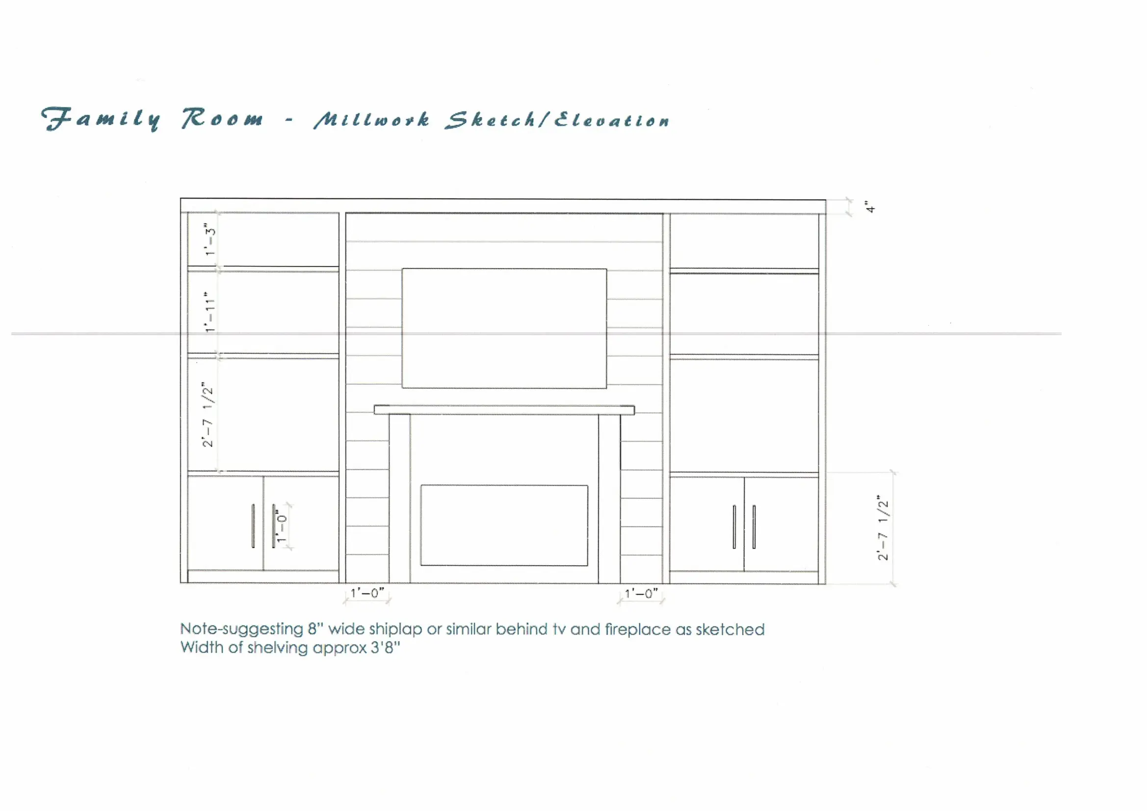 Interior designer millwork elevation drawing for a Nassau County fireplace built-in project by Creatively Done Homes Improvements