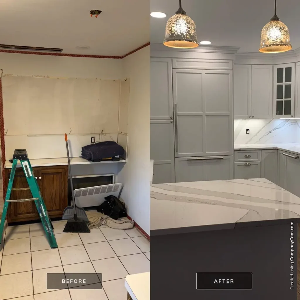 Before and After Load Bearing Wall Removal in Garden City  Closed Kitchen Transformed to Open Concept with Island