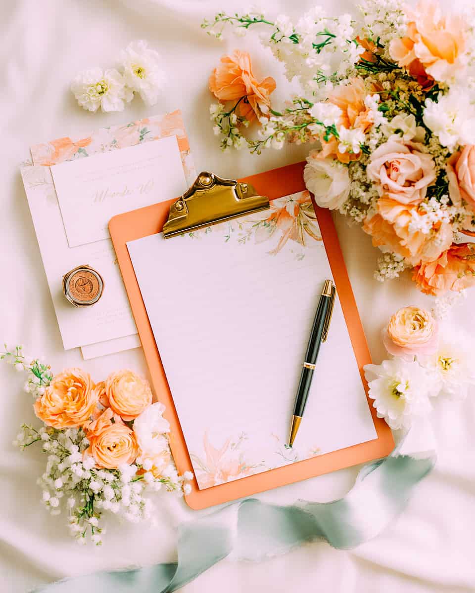 Flatlay of event planning essentials peach clipboard pen