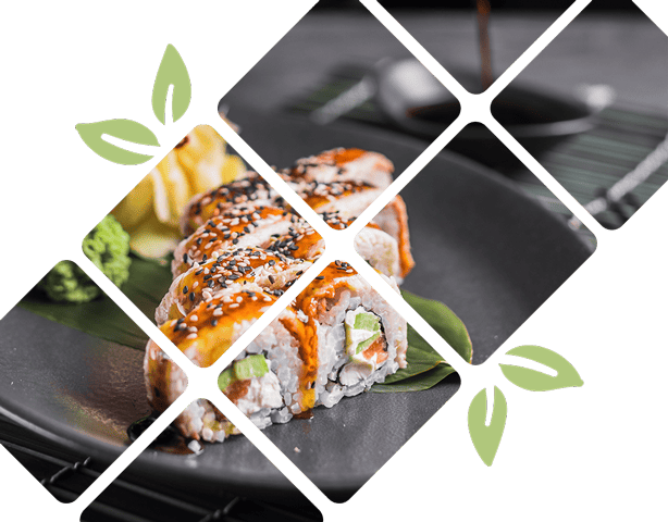 Fresh sushi rolls with spicy sauces and colorful ingredients at Crown Indian Cuisine.