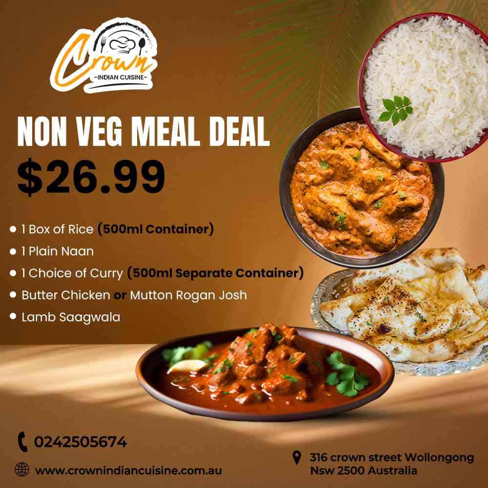 Rich Indian curry with rice, naan, and chicken or lamb, gluten-free Non-Veg Meal Deal $26.99.