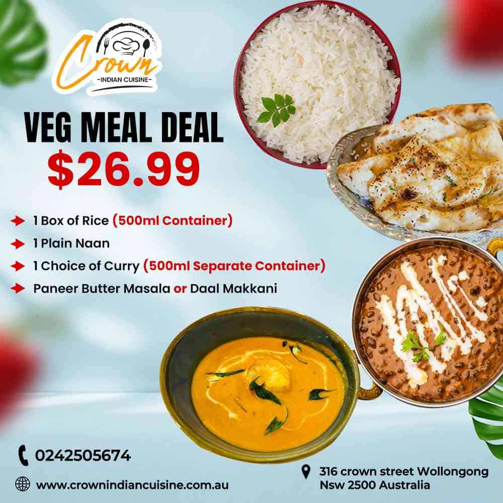 Delicious Indian curry meal with rice, naan, and curry options from Crown Indian Cuisine.