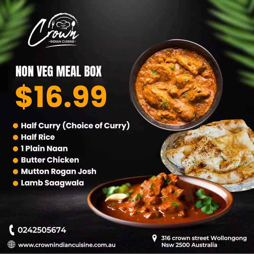 Flavorful Indian curry paired with naan and rice, available at Crown Indian Cuisine in Wollongong.