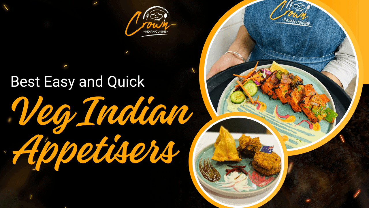 Delicious Indian veggie appetizers, vibrant presentation, Crown Indian Cuisine.