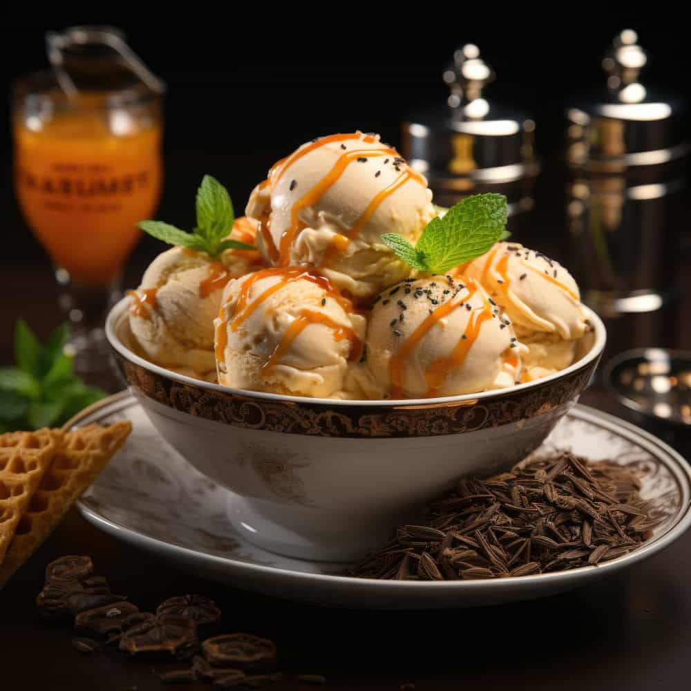 Creamy Indian-style ice cream in a decorative bowl with mint leaves and caramel drizzle.