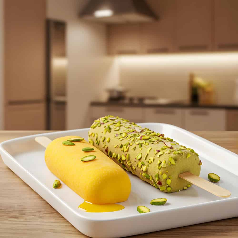 Refreshing mango and pistachio ice creams served on a white platter in a modern Indian restaurant.