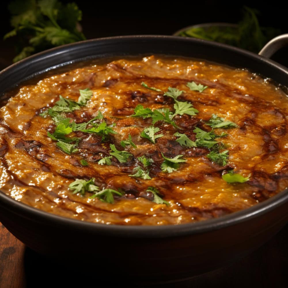 Spicy Indian curry dish served in a black bowl with fresh cilantro garnish.