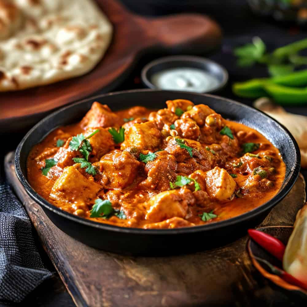 Spicy Indian butter chicken with cilantro in a black bowl, authentic Crown Indian Cuisine Windang.