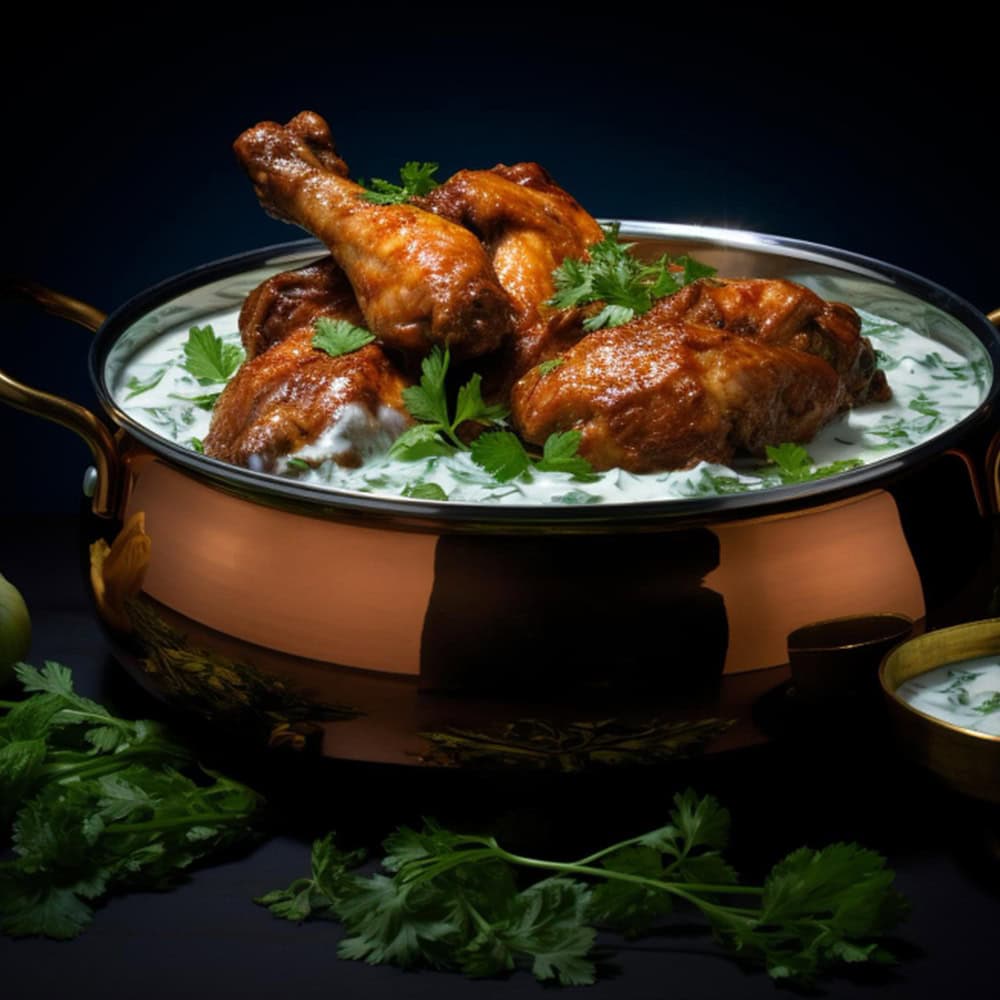 Spicy Indian chicken curry with herbs in copper serving dish, authentic Indian cuisine Windang.