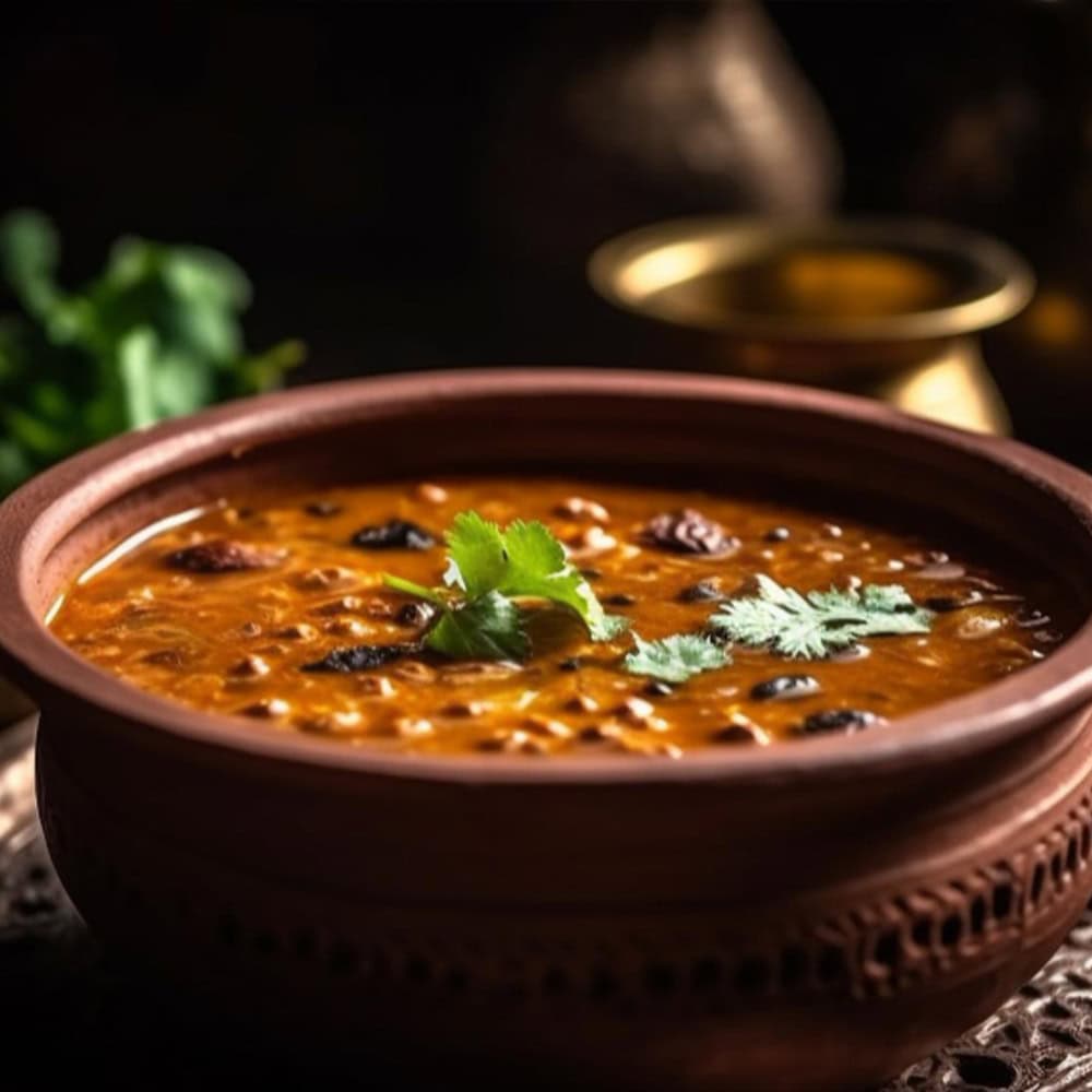 Rich Indian lentil dal soup served in a traditional clay bowl.