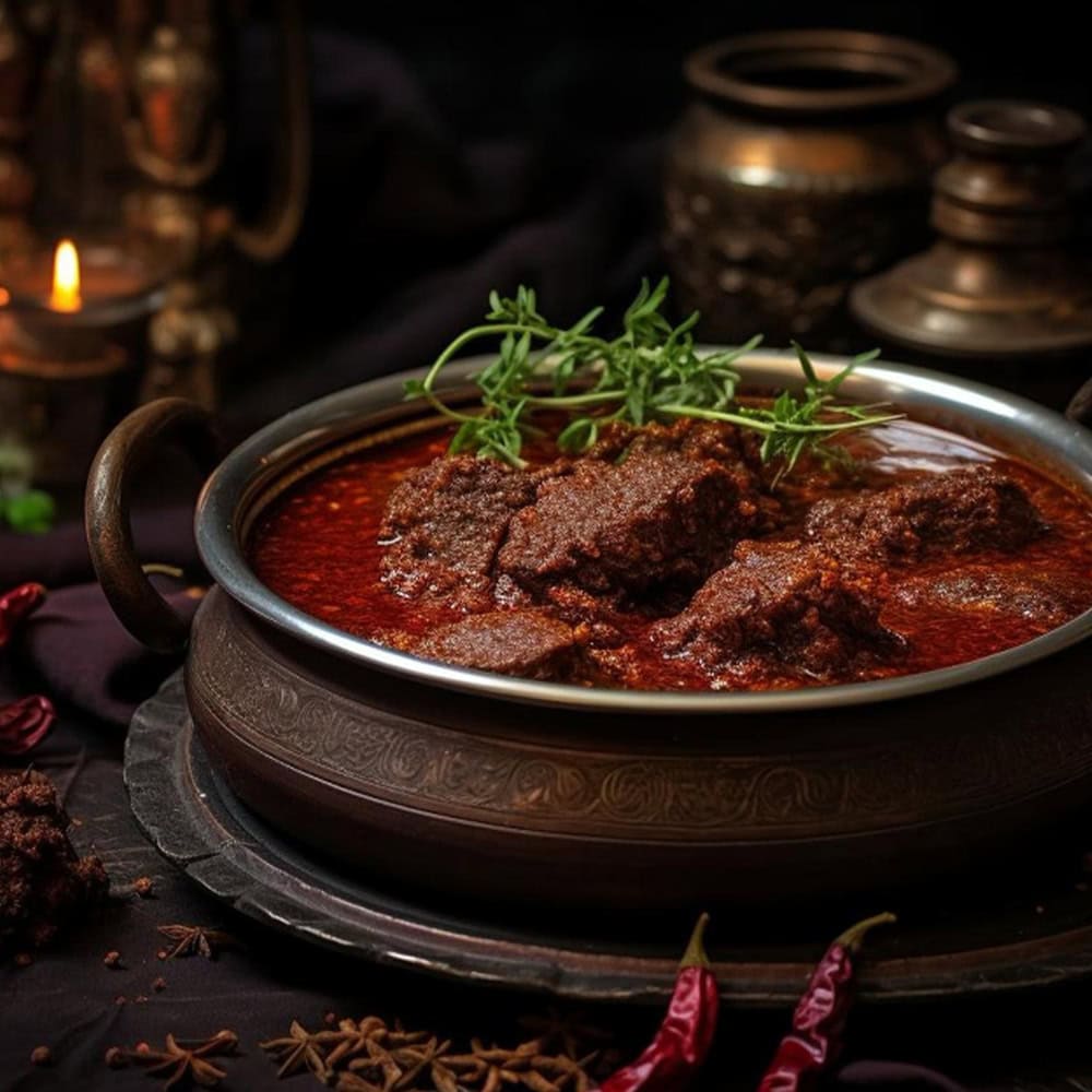 Spicy Indian beef curry served in traditional metal bowl with garnish.