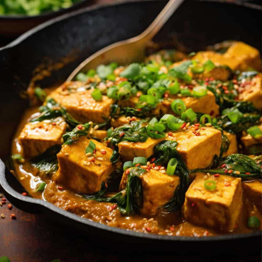 Spicy tofu curry in a skillet with green onions and spices, served at Crown Indian Cuisine Windang.