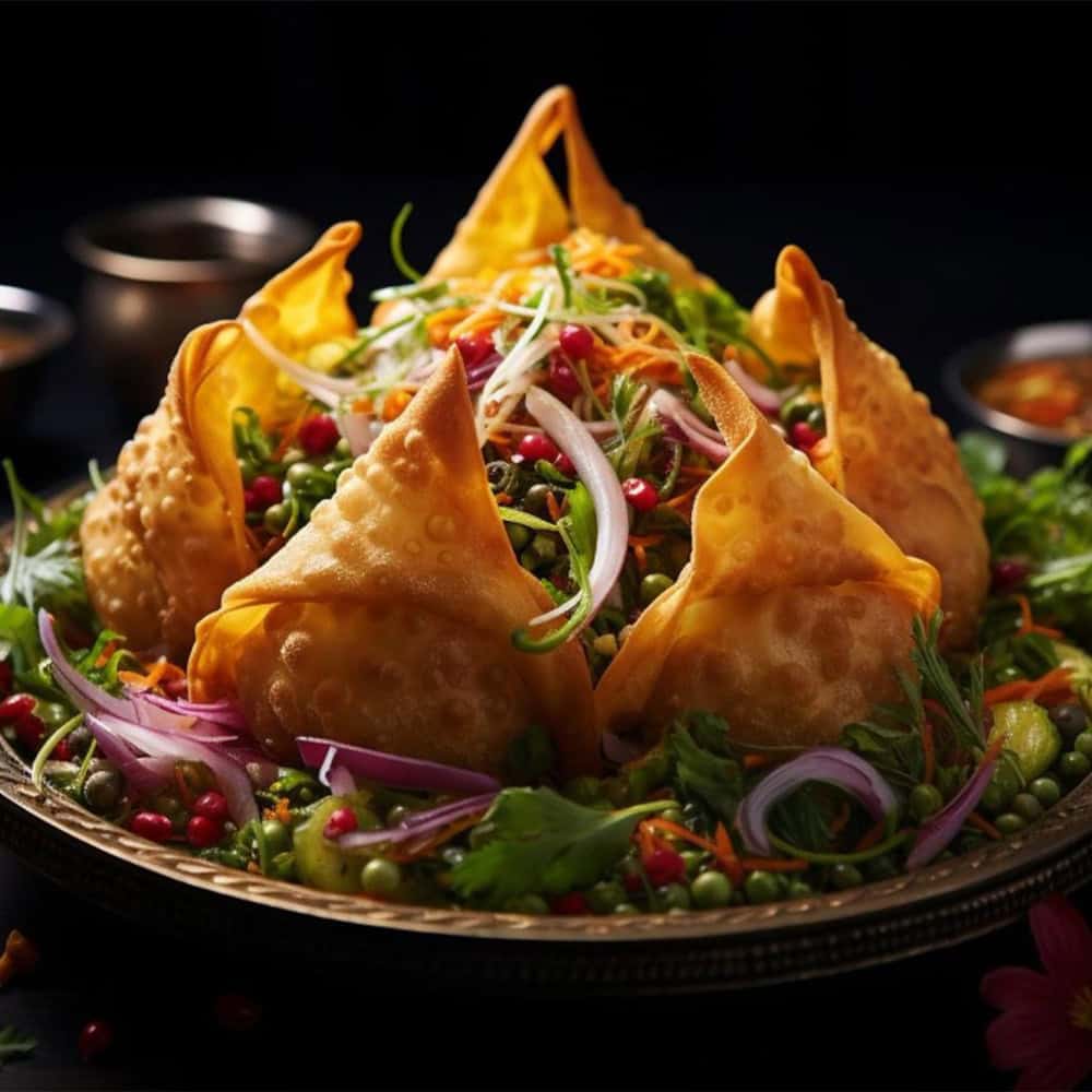 Crispy Indian samosas garnished with fresh herbs and colorful vegetables, perfect for Windang Indian cuisine.