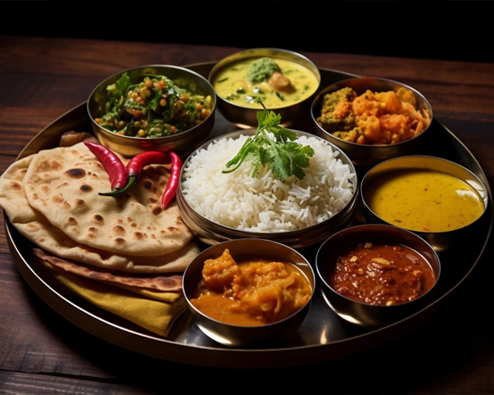 Authentic Indian curry platter with rice, naan, and diverse flavorful sauces from Crown Indian Windang.