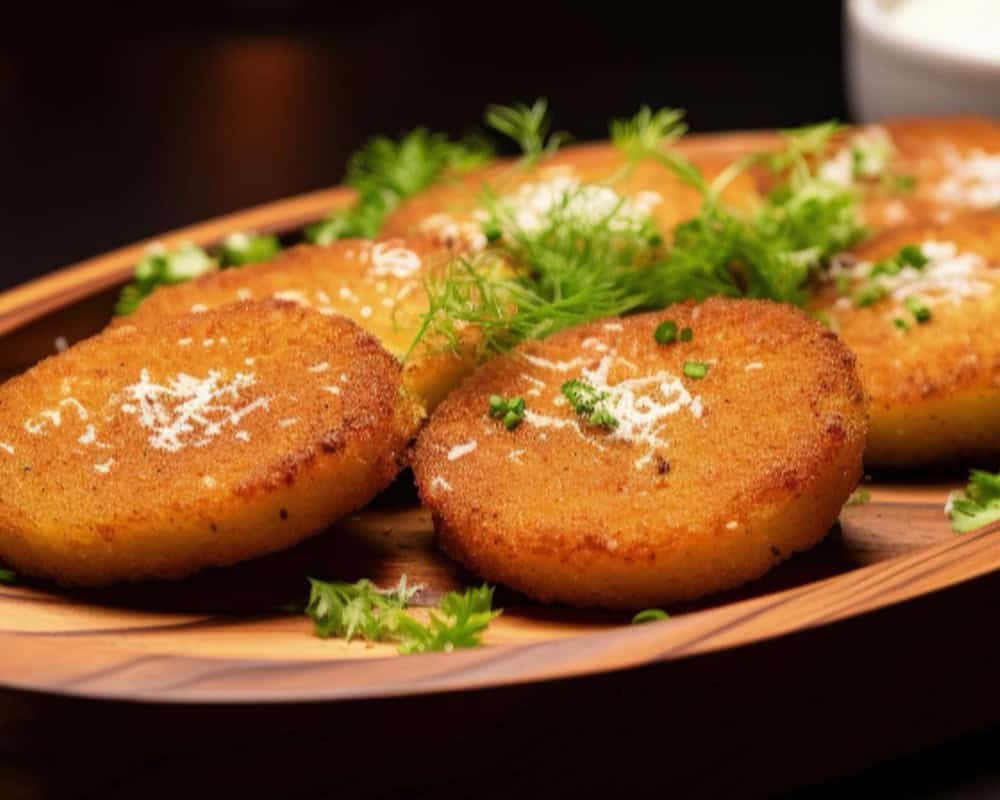 Crispy Indian potato cutlets served with fresh herbs and spices at Crown Indian Cuisine Windang.