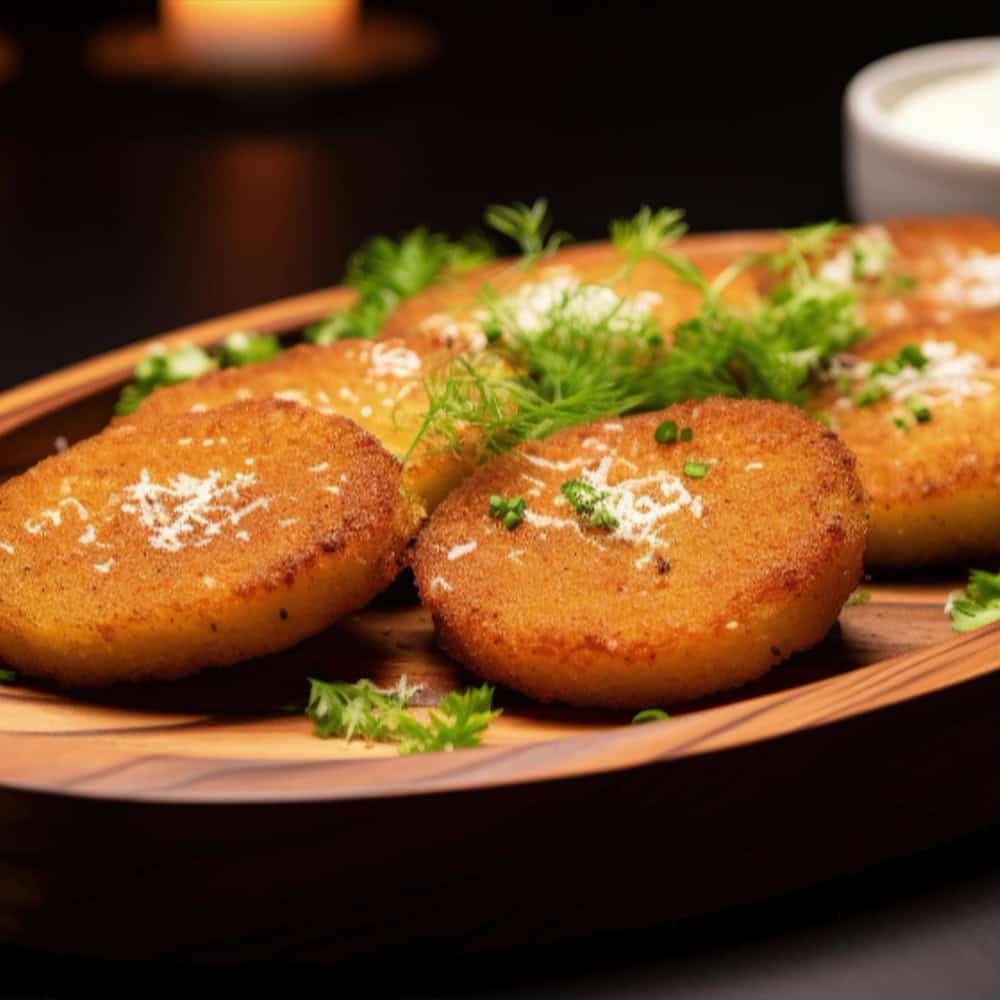 Crispy Indian potato cutlets on a wooden serving platter with cilantro garnish.