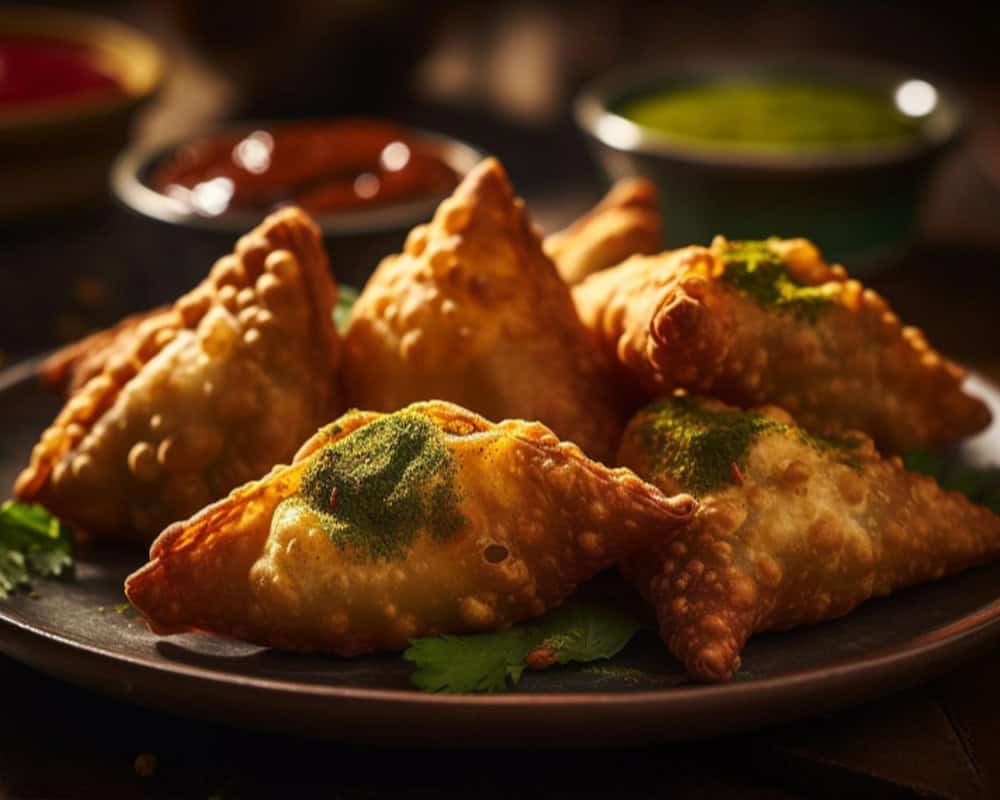 Crispy Indian samosas served with spicy chutneys at Crown Indian Cuisine Windang in Australia.