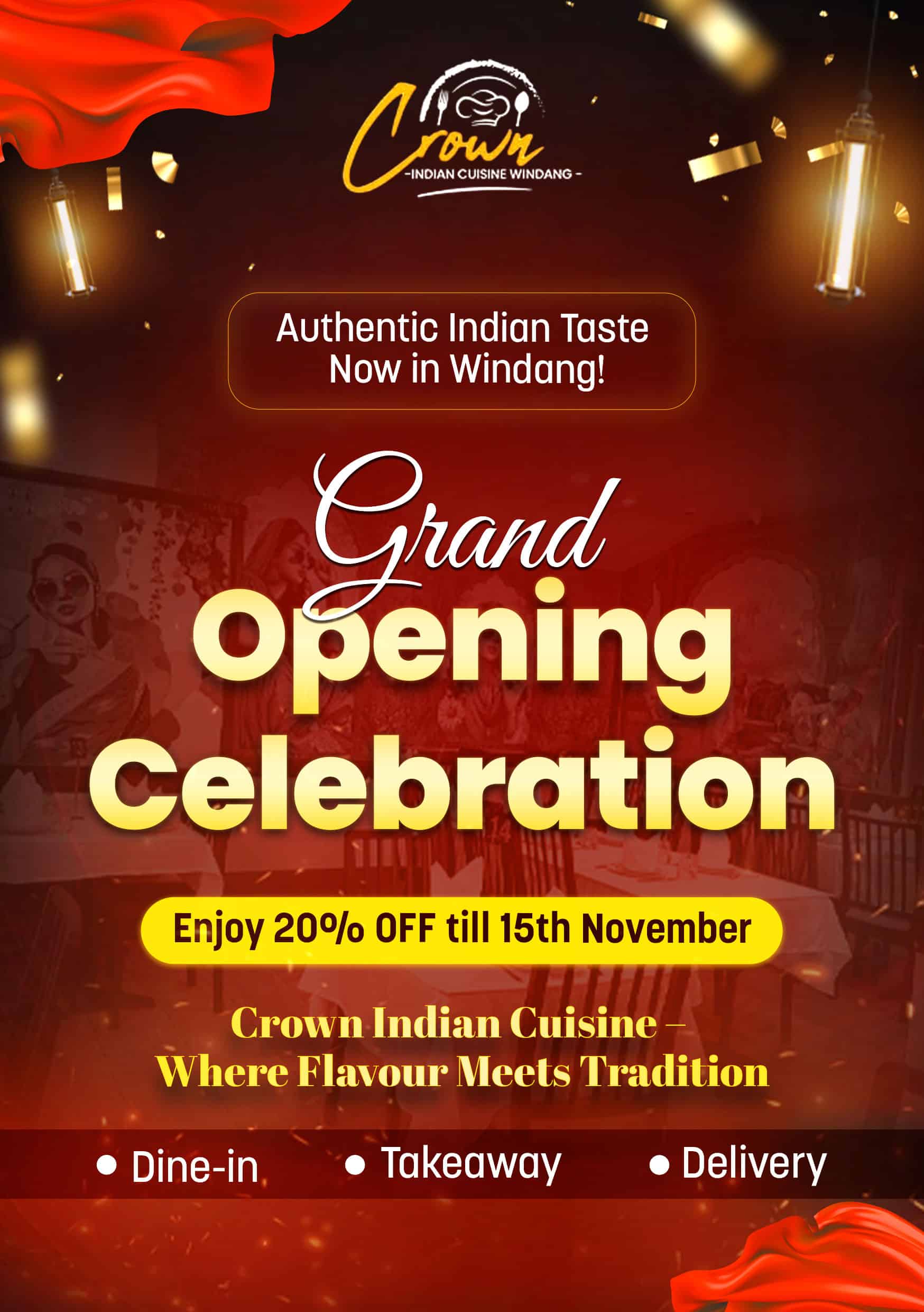 Crown Indian Cuisine Windang - Authentic Indian flavors, grand opening celebration, dine-in, takeaway, delivery.