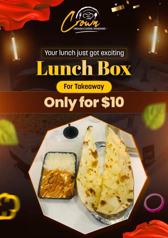 Fresh Indian lunch box with naan, rice, and curry at Crown Indian Cuisine Windang. Perfect for takeaway only $10.