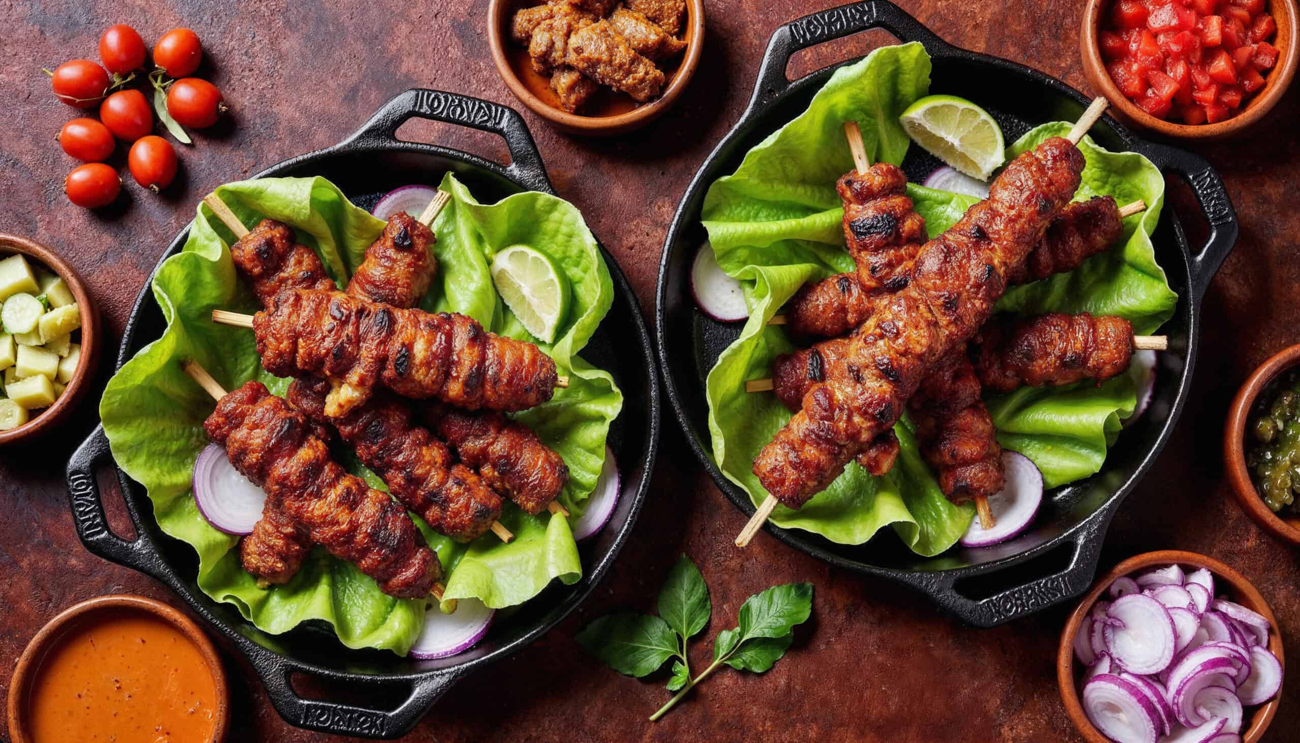 Succulent Indian grilled skewers served on fresh lettuce with lemon, featuring authentic Indian spices.