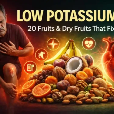 Elderly woman holding her chest with signs of weakness and low potassium, next to bananas, figs, dates, coconut, walnuts, almonds and other fruits and dry fruits that are rich in potassium and support heart health.