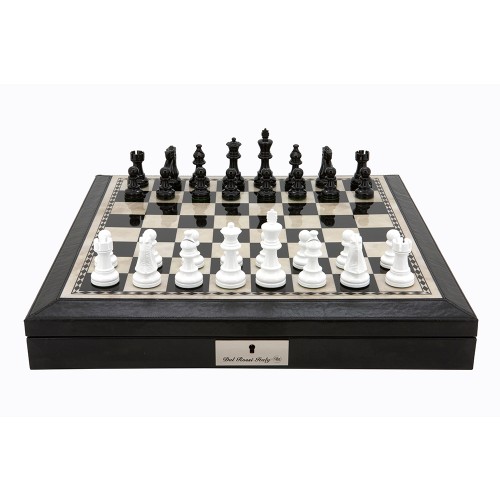 Dal Rossi Italy 16" Chess Set Black and White with PU Leather Edge with compartments and Black and White 85mm Chess Pieces - Image 2