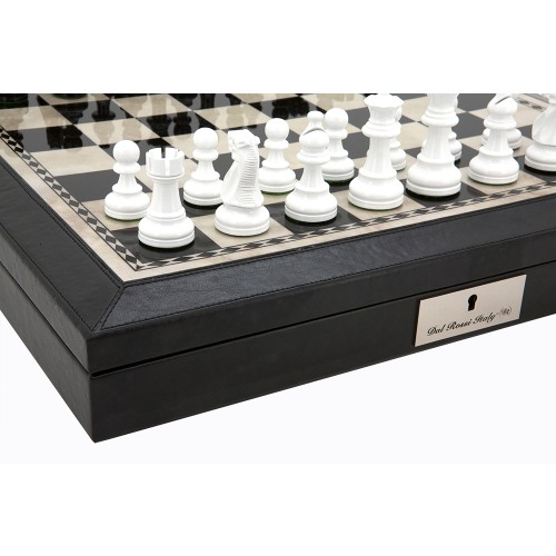 Dal Rossi Italy 16" Chess Set Black and White with PU Leather Edge with compartments and Black and White 85mm Chess Pieces - Image 3