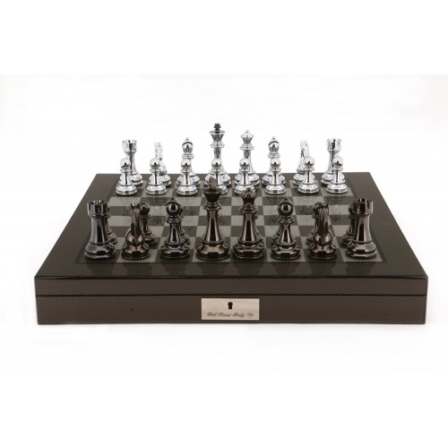 Dal Rossi Italy Silver/Titanium Chess Set on Carbon Fibre Shiny Finish Chess Box 20” with compartments - Image 3
