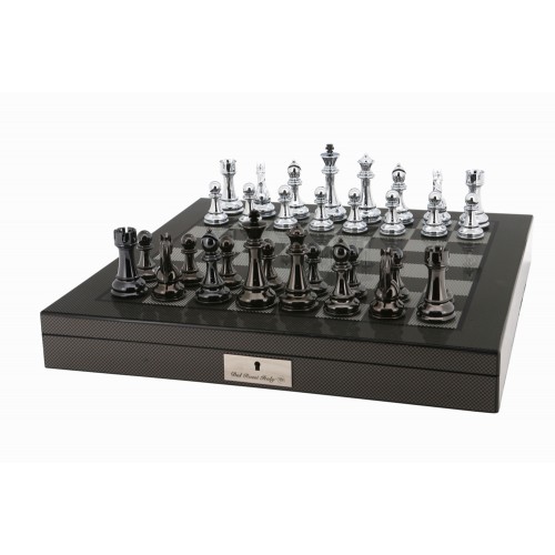Dal Rossi Italy Silver/Titanium Chess Set on Carbon Fibre Shiny Finish Chess Box 20” with compartments - Image 7