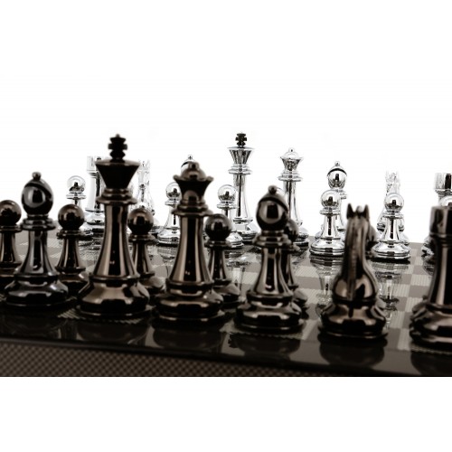 Dal Rossi Italy Silver/Titanium Chess Set on Carbon Fibre Shiny Finish Chess Box 20” with compartments - Image 5