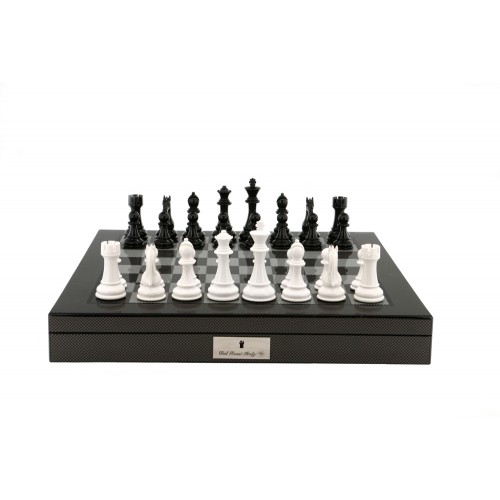 Dal Rossi Italy Black/White Chess Set on Carbon Fibre Shiny Finish Chess Box 20” with compartments - Image 4