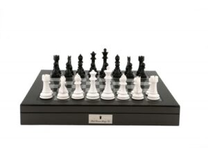 Dal Rossi Italy Black/White Chess Set on Carbon Fibre Shiny Finish Chess Box 20” with compartments