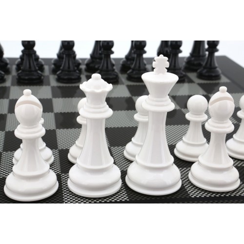 Dal Rossi Italy Black/White Chess Set on Carbon Fibre Shiny Finish Chess Box 20” with compartments - Image 2