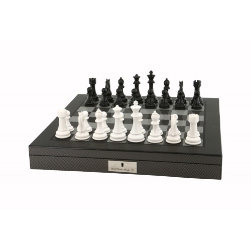 Dal Rossi Italy Black/White Chess Set on Carbon Fibre Shiny Finish Chess Box 20” with compartments - Image 3