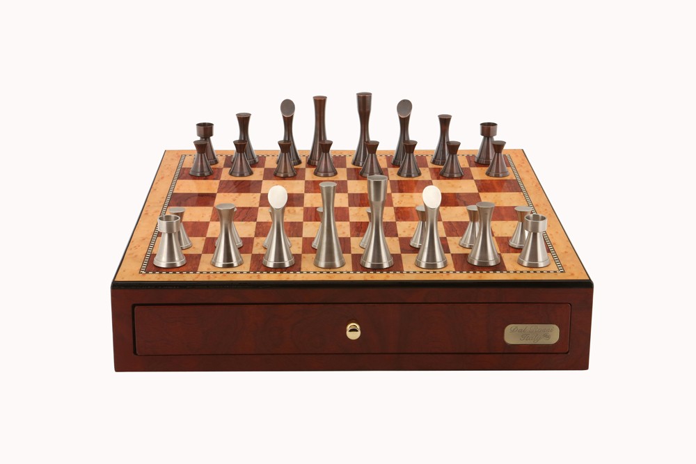 Dal Rossi Italy, Contemporary Chess Set with drawers 18" (Red Mahogany Finish) with Contemporary Pewter Chess Pieces - Image 2