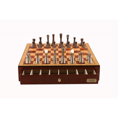 Dal Rossi Italy, Contemporary Chess Set with drawers 18" (Red Mahogany Finish) with Contemporary Pewter Chess Pieces - Image 3