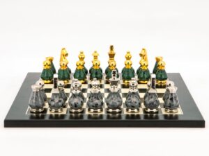 Dal Rossi Italy Chess Set Flat  Black/Erable Board 40cm, With Gray and Green Gold and Silver Metal Tops and Bottoms Chess Pieces 90mm