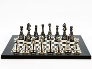 Dal Rossi Italy Chess Set Flat  Black/Erable Board 40cm, With Metal Dark Titanium and Silver chessmen 85mm