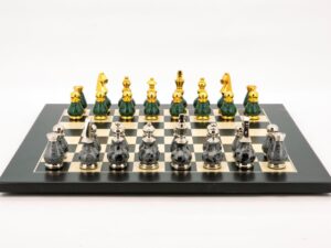 Dal Rossi Italy Chess Set Flat  Black/Erable Board 50cm, With Gray and Green Gold and Silver Metal Tops and Bottoms Chess Pieces 90mm
